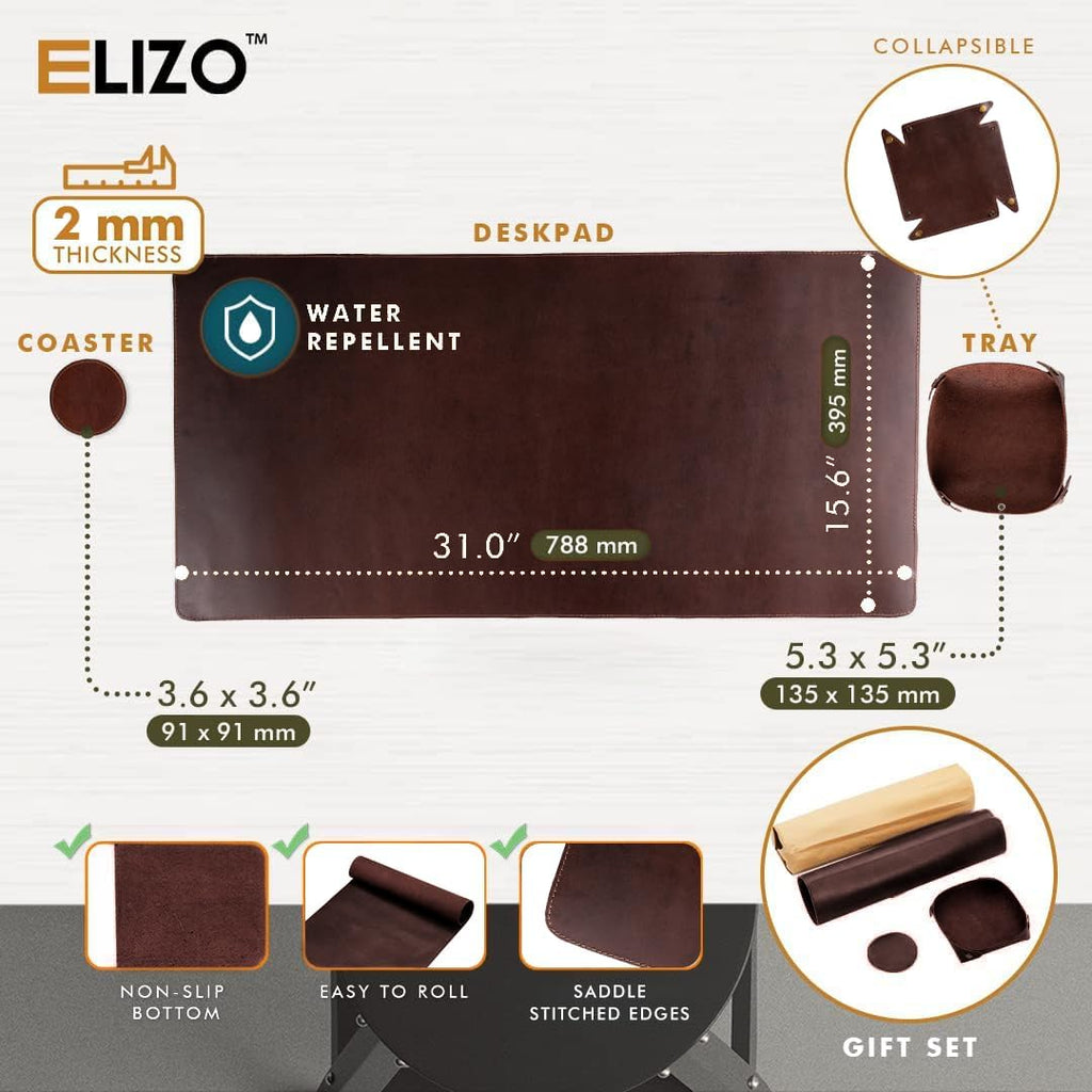 Leather Desk Pad (Real) Leather Desk Mat Set (31x15) Large Desk Cover Desk Blotter Desk Protector Computer Mat for Keyboard Gaming Mouse Pad Table Laptop Office Desktop Accessories 2mm Elizo