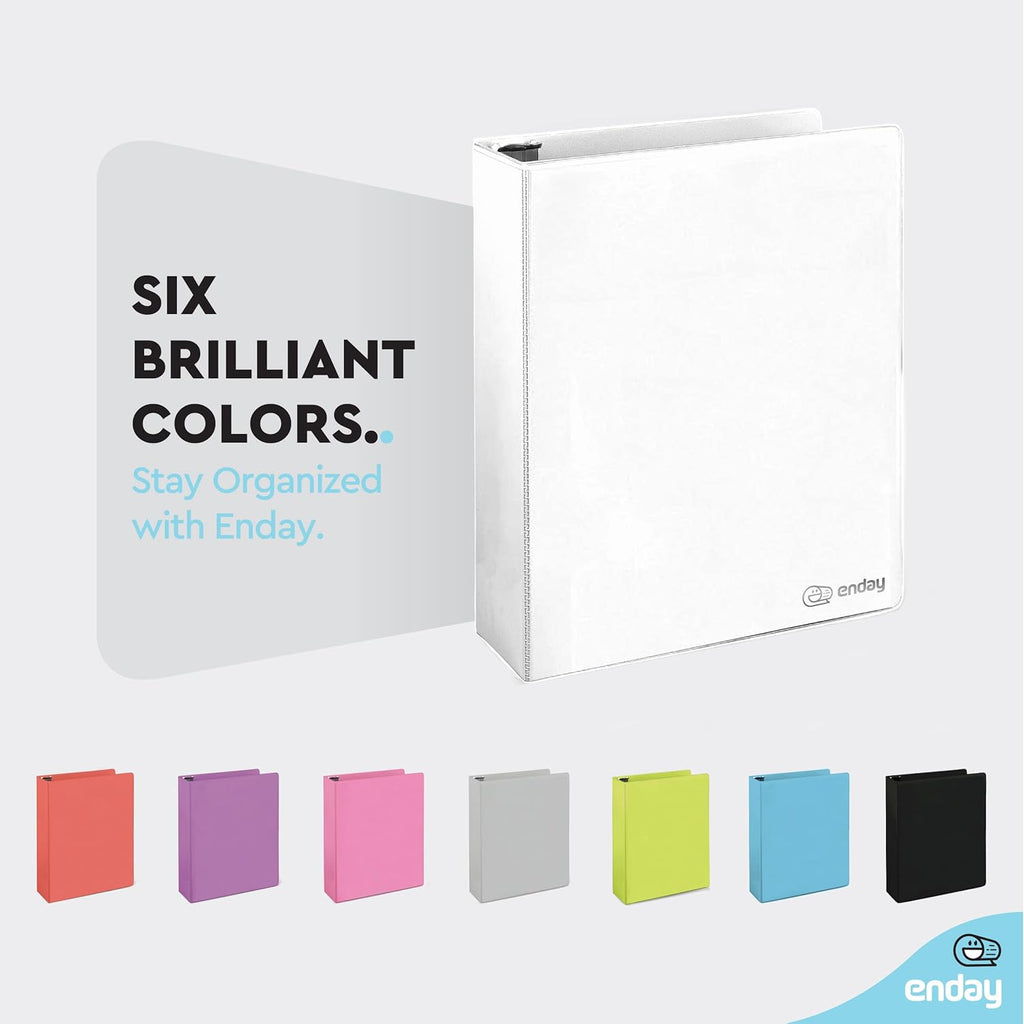 3 Ring Binder 1.5 Inch White, 1 ½ inch Binder Clear View Cover with 2 Inside Pockets, Colored School Supplies Office and Home, 6 Pack – by Enday