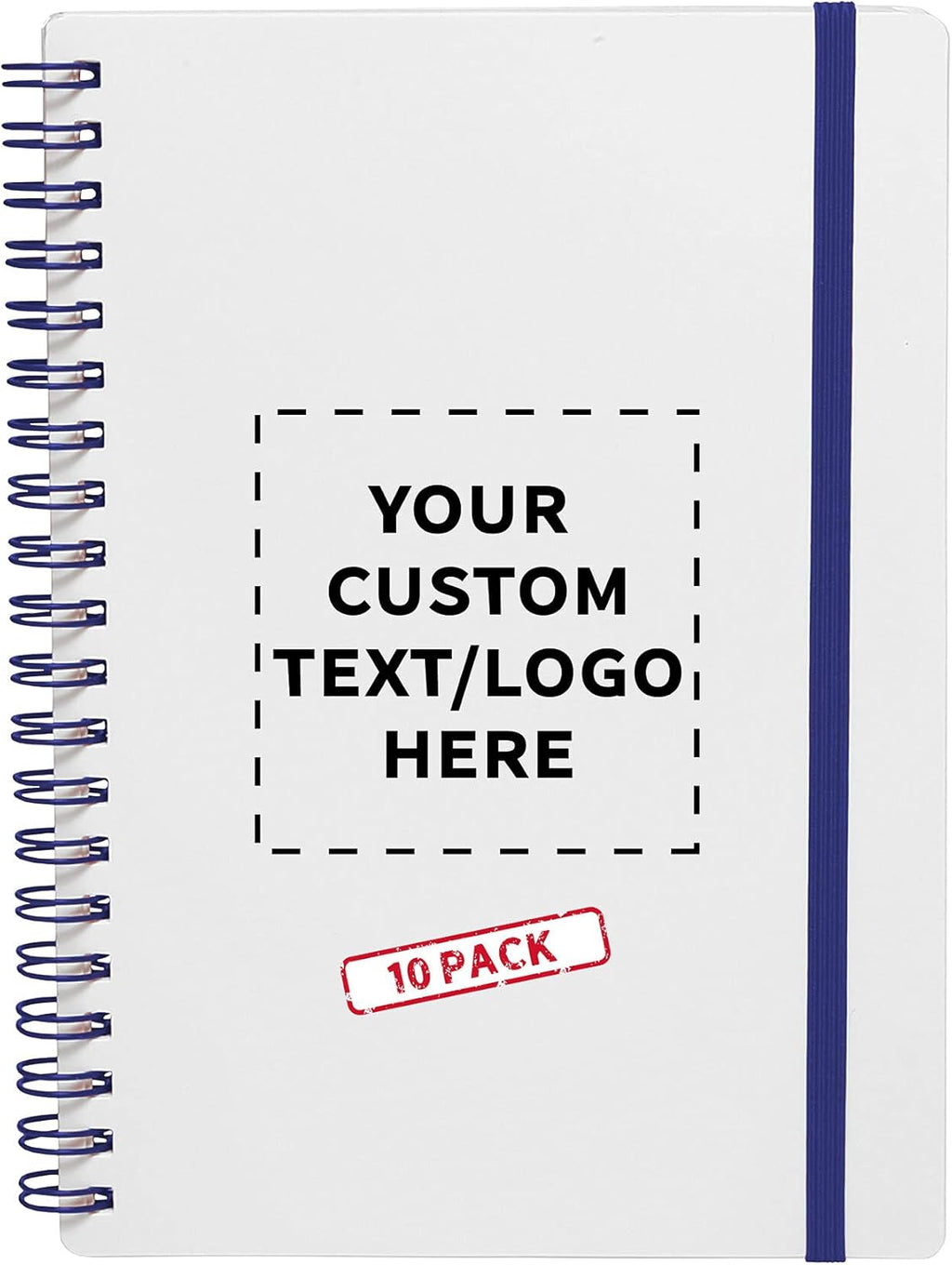 10 White Spiral Notebooks with Elastic Band Pack - Customizable Text, Logo - 80 lined pages, Recycled - Blue