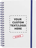 10 White Spiral Notebooks with Elastic Band Pack - Customizable Text, Logo - 80 lined pages, Recycled - Blue