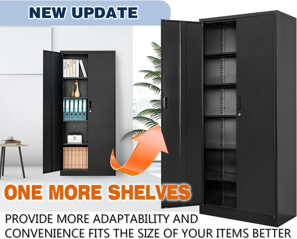BESFUR Metal Cabinet with 5 Adjustable Shelves and Doors, Locking Storage Cabinet for Garage, Classroom and Office - Black
