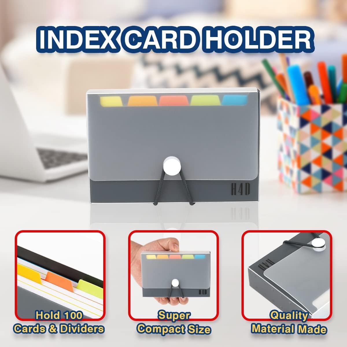 H4D 3x5 Index Card Case with 100 Heavyweight Ruled Index Cards and Dividers, Black