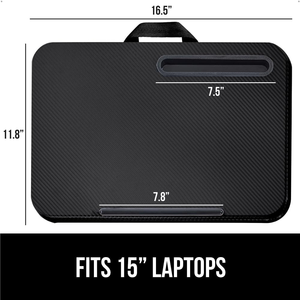 GORILLA GRIP Laptop Lap Desk with Phone Holder, Pillow Cushion Desks Fit Laptops up to 15.6", Tray Ledge Keep Computers in Place, Portable Travel Workstation Essentials for Home, Dorm Room, Black