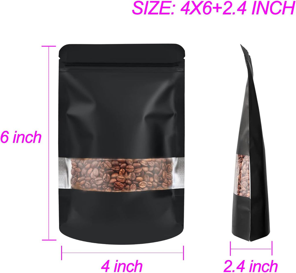 100 Pack Smell Proof Bags, Resealable Food Storage Bags with Clear Window, Stand Up Smell Proof Mylar Bags Self Seal Foil Pouches for Food Storage Packaging (Black, 4 x 6+2.4 Inch）