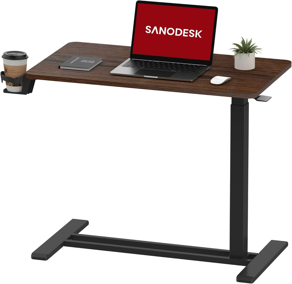 SANODESK Mobile Standing Desk with Hidden Wheels,Pneumatic Laptop Desk Rolling Computer Cart Movable Height Adjustable Small Sit Stand Desk for Home Office(31.5" W x 17.7" D,Black Walnut)