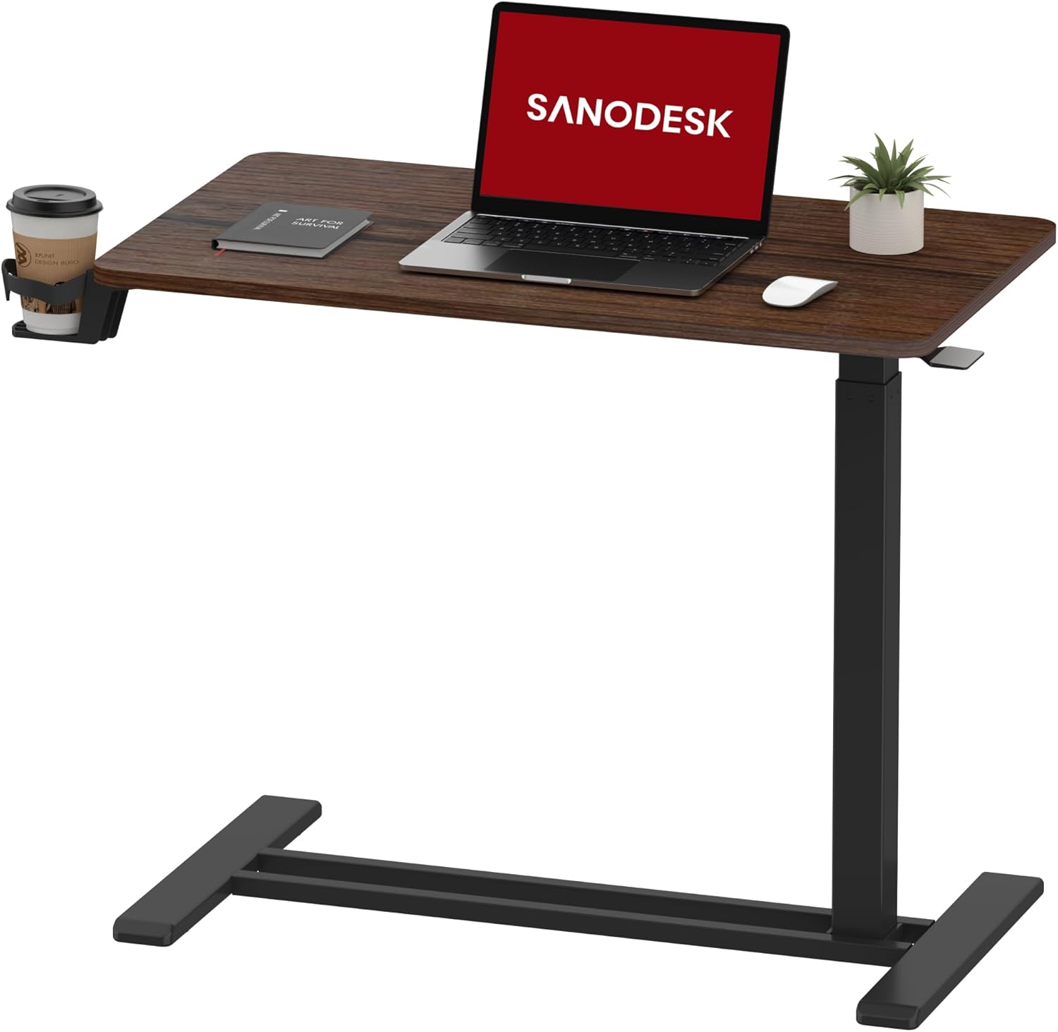 SANODESK Mobile Standing Desk with Hidden Wheels,Pneumatic Laptop Desk Rolling Computer Cart Movable Height Adjustable Small Sit Stand Desk for Home Office(31.5" W x 17.7" D,Black Walnut)