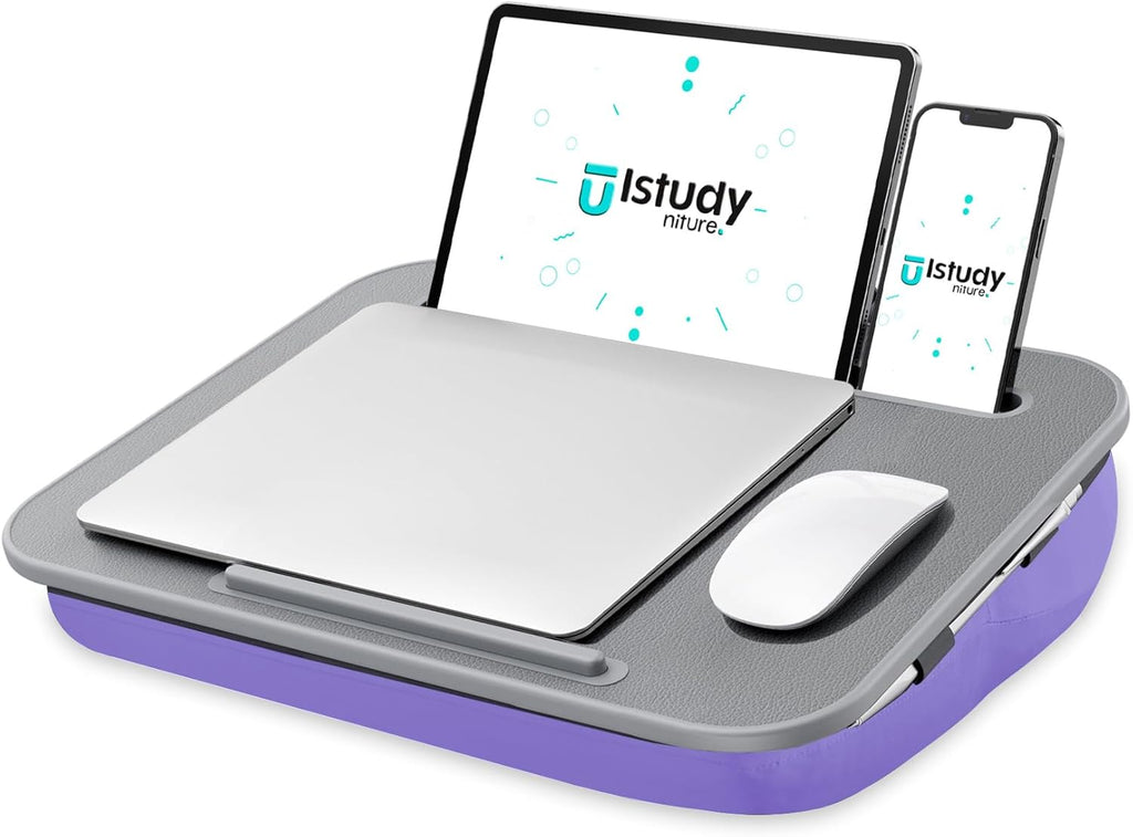 Lap Desk with Washable Cushion – Fits up to 15.6-Inch Laptops – Portable Laptop Desk & Stand – Bed desks & Tray for Writing, Reading, Working, Gaming on Bed, Couch, Floor – Istudyniture-Small, Purple
