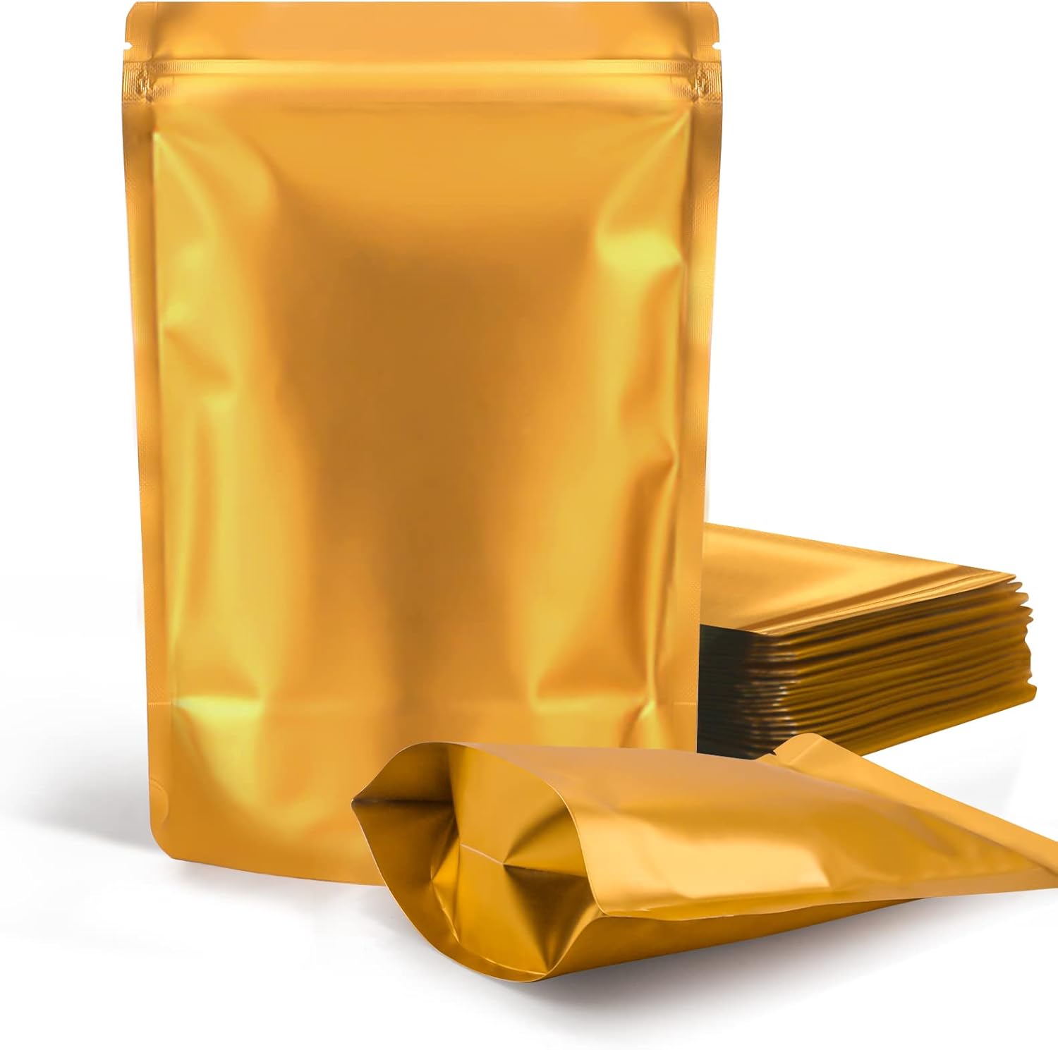 100 Pack Resealable Stand Up Bags,5.5" x 8.6" Smell Proof Pouch Sealable Foil Pouch Bags for Packaging (Gold)