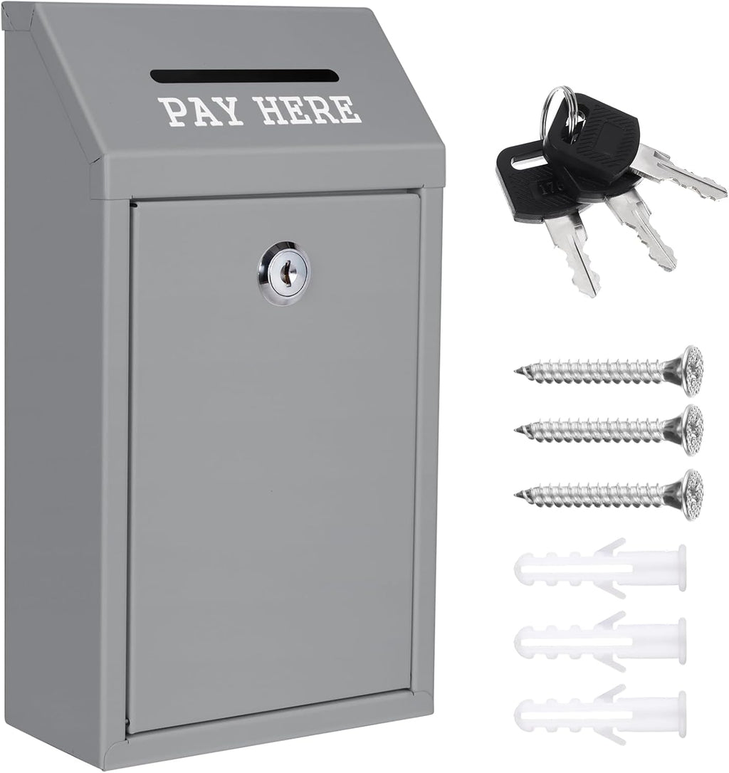 Metal Donation Box Collection Safe Suggestion Box with Lock Wall Mounted Mailbox Delivery Ballot Case Key Drop Case for Home Office Outdoor Door (Grey, 10.24 x 5.71 x 2.95 Inch)
