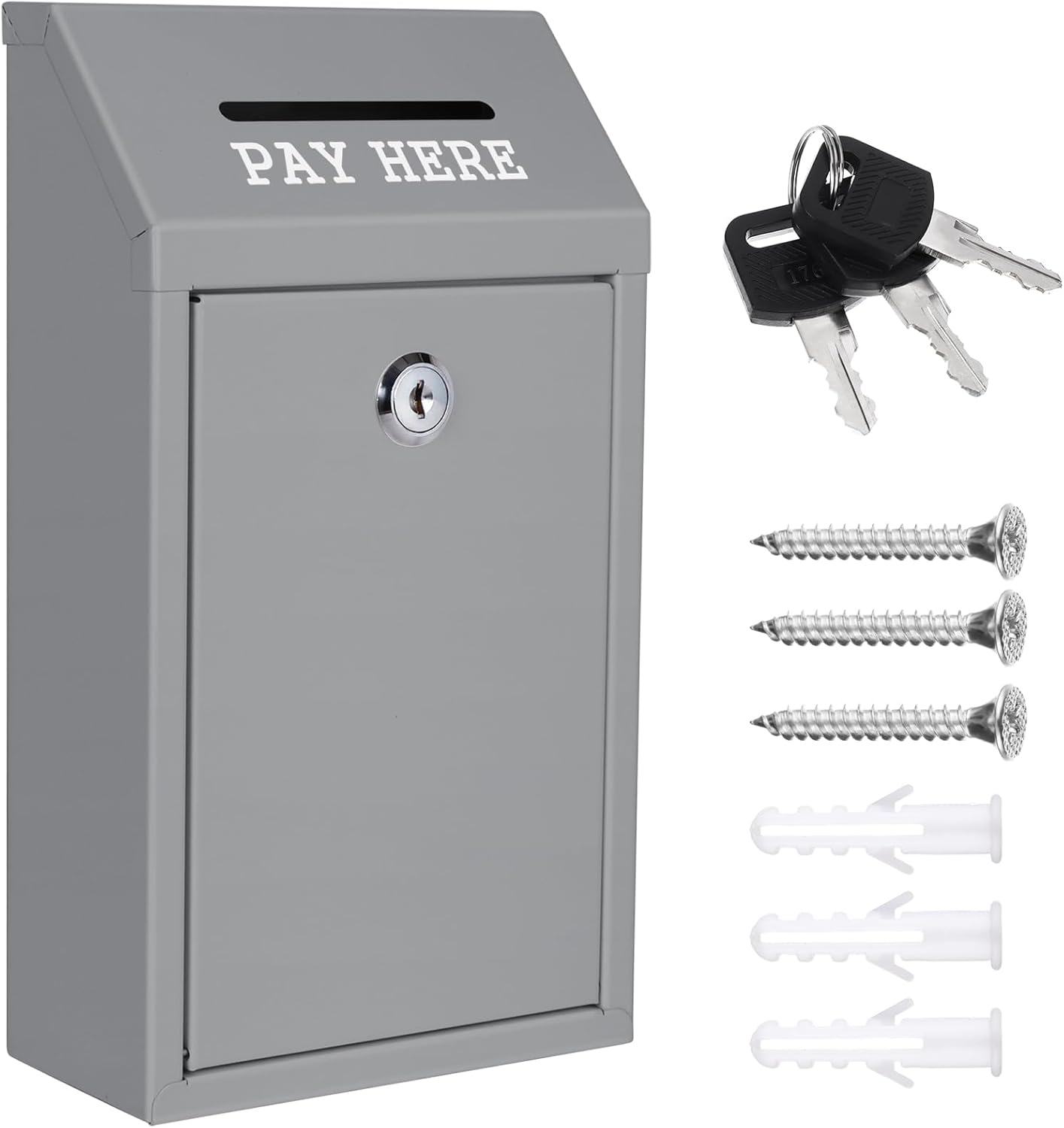 Metal Donation Box Collection Safe Suggestion Box with Lock Wall Mounted Mailbox Delivery Ballot Case Key Drop Case for Home Office Outdoor Door (Grey, 10.24 x 5.71 x 2.95 Inch)