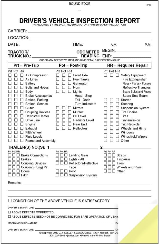 Detailed Driver's Vehicle Inspection Report for Pre- & Post-Trip, Book Format with 31 Sets, 2-Ply Carbonless, 5.5" x 8.5", Meet FMCSR Requirements, 50 Pack, J. J. Keller & Associates, Inc.