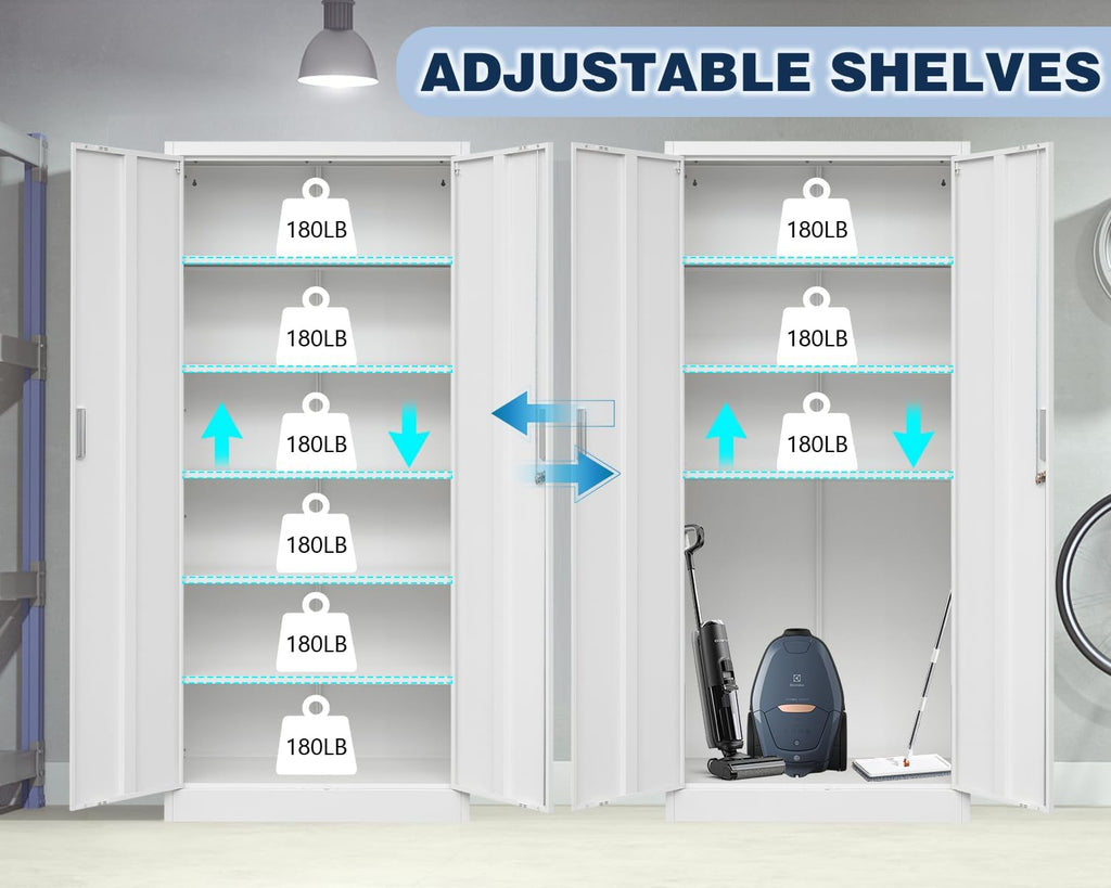 BESFUR Metal Cabinet with 5 Adjustable Shelves and 2 Doors, Locking Storage Cabinet for Garage, Classroom and Office -White