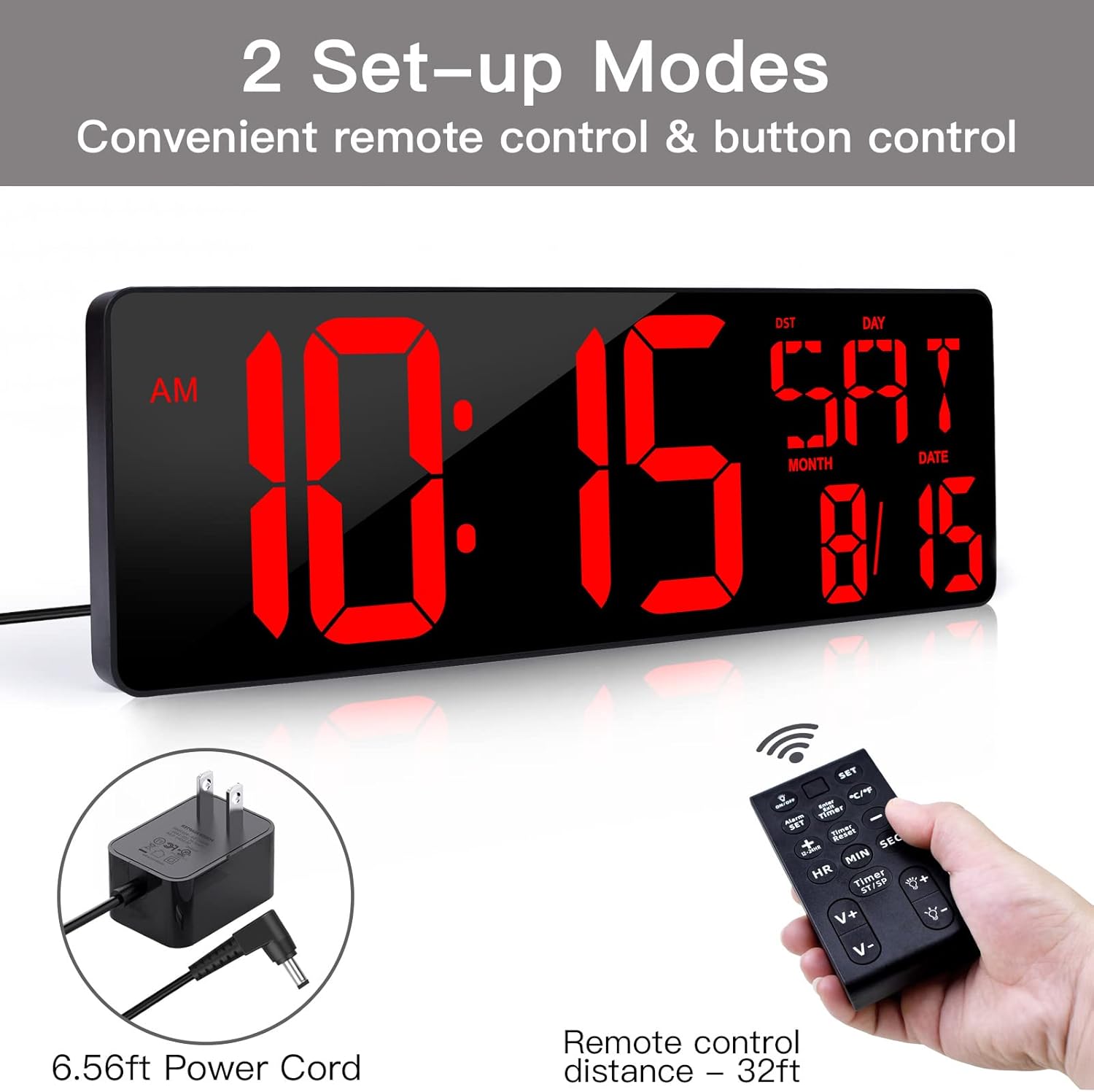 XREXS Large Digital Wall Clock with Remote Control, 16.5 Inch LED Large Display Count Up & Down Timer, Adjustable Brightness Alarm Clock with Day/Date/Temperature for Home, Gym, Office and Classroom