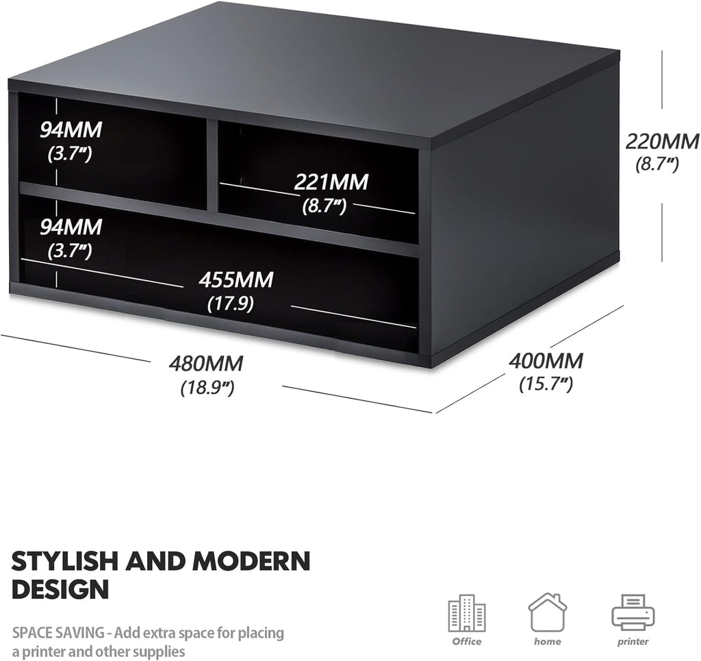 FITUEYES Large Printer Stands with 3 Storage Compartments, Desktop Paper Organizer Shelf for Home Office, 2-Tier Printer Riser, Black, 18.9" L x 15.7" W x 8.7" H