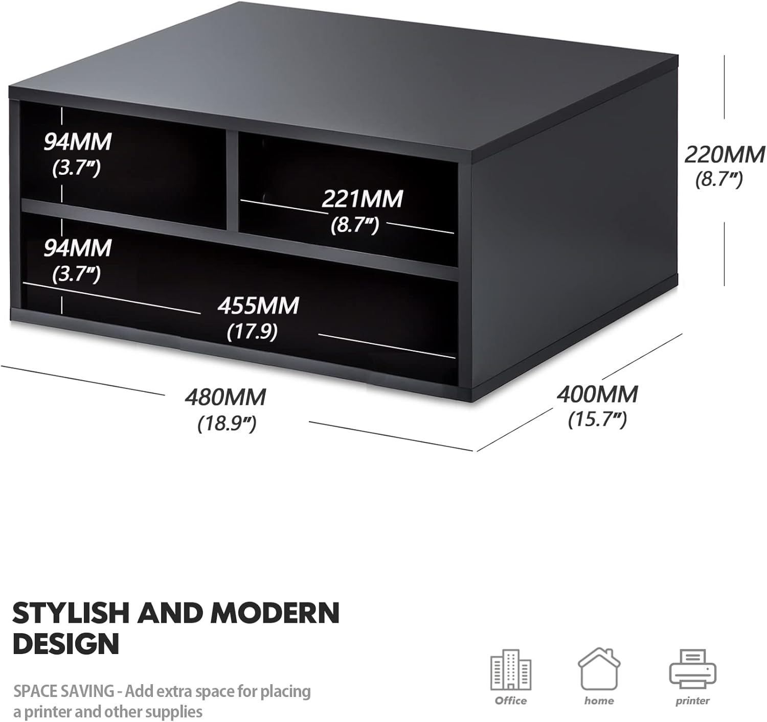 FITUEYES Large Printer Stands with 3 Storage Compartments, Desktop Paper Organizer Shelf for Home Office, 2-Tier Printer Riser, Black, 18.9" L x 15.7" W x 8.7" H