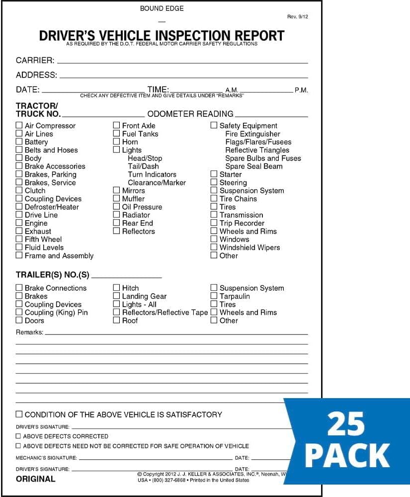Detailed Driver's Vehicle Inspection Report 25-pk. - Book Format with 31 Sets, 2-Ply Carbonless, 5.5" x 8.5", Meet FMCSR Requirements, J. J. Keller & Associates, Inc.