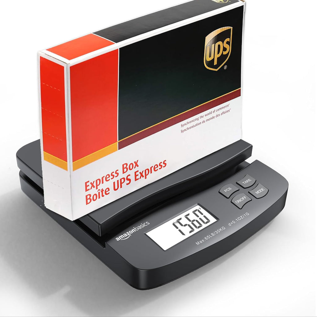 Amazon Basics Digital Postal Scale, AC Adapter, 65 lb Capacity, 0.1 oz Readability, Black