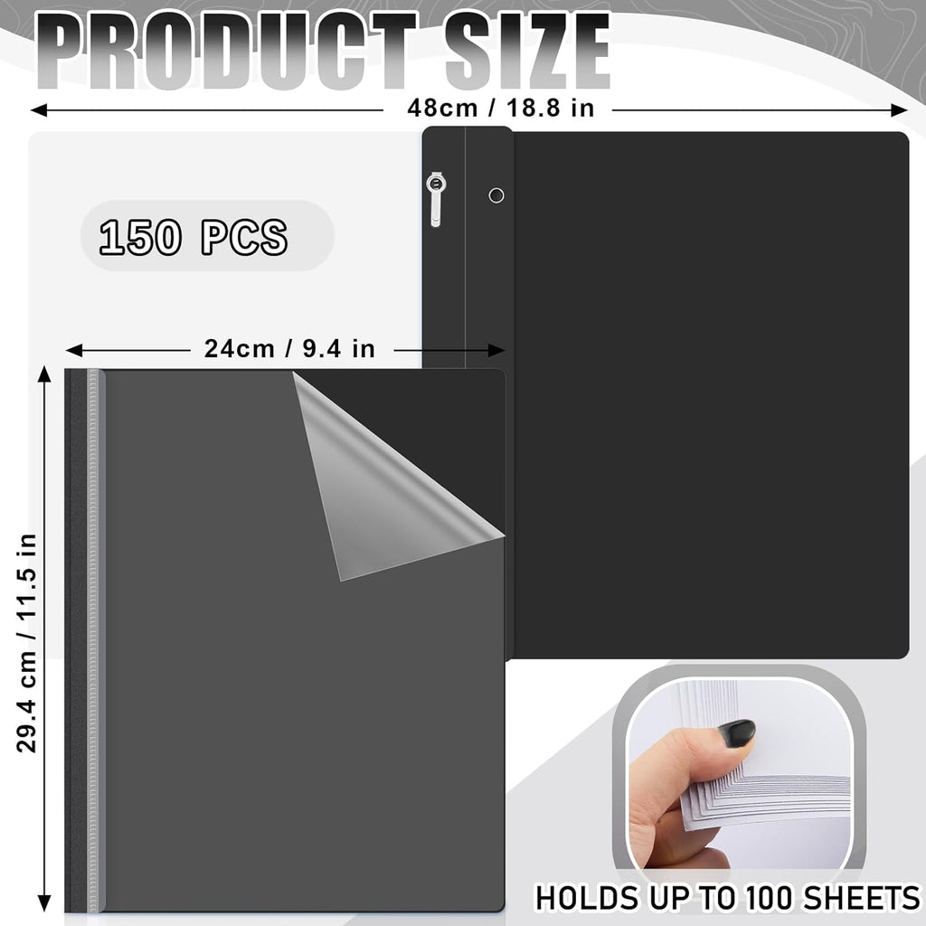 Teling 150 Pcs Plastic Report Covers with 3 Prong Clear Front Resume Folder Business Report Covers Bulk Presentation Folders Clear Front Report Folders for Documents, School, Office(Black)