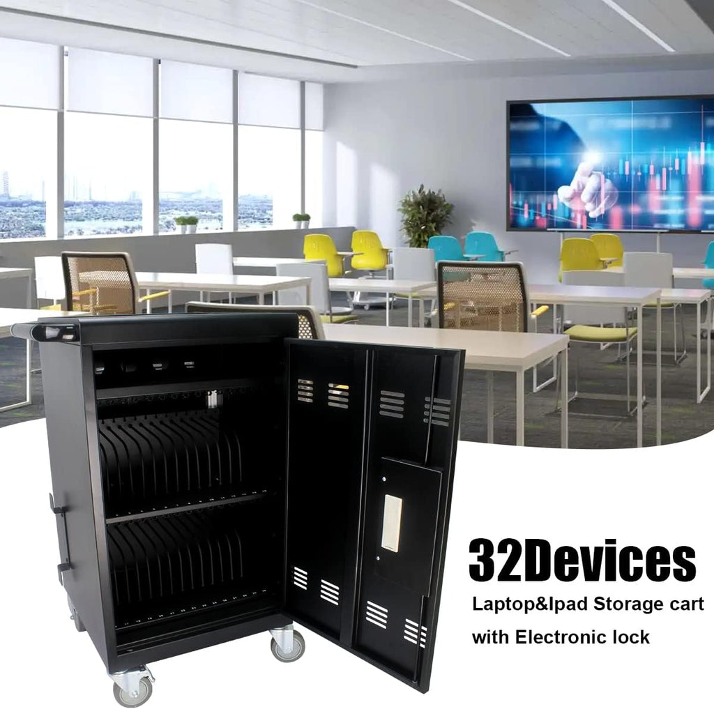32 Device Charging Cart with Combination Lock, Laptop and Tablet Mobile Charging Cabinet for Up to 16.3" Devices with Cord Management, Desktop Charging and Storage Locker for Classroom or Office.Black