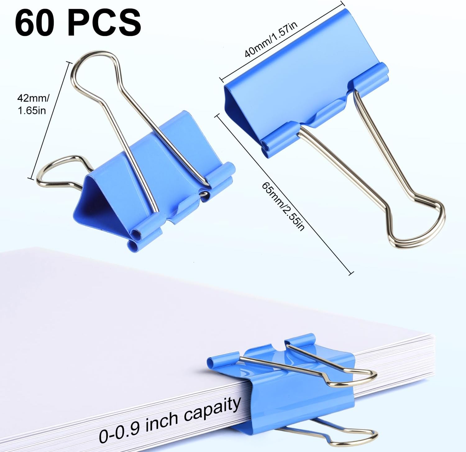 Large Binder Clips 1.6 Inch (60 Pack) Assorted Colors, Colored Binder Clips Paper Clips, Big Paper Clamps, Binder Clips Large Size for Home, School and Office Supplies