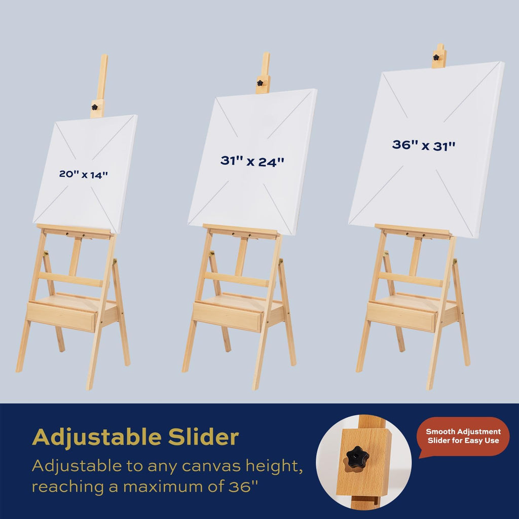 Large Adjustable Beech Wood Painting Easel with Storage Drawer (60"~74" H), Holds up to 36", Art Easel for Adults Artist Beginners Students