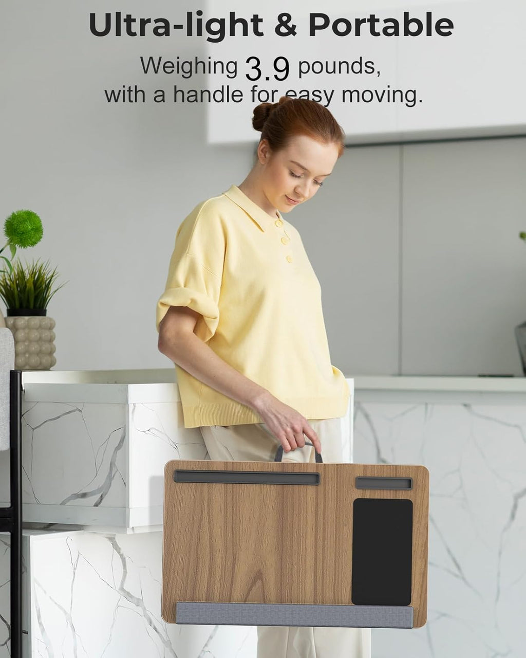 Lap Desk - Up to 17” Laptop Tray with Wrist Rest, Portable Handle, Fixed Mouse Pad, Tablet & Phone Slots, Laptop Stand for Bed with Cushion (Dark Brown Woodgrain)