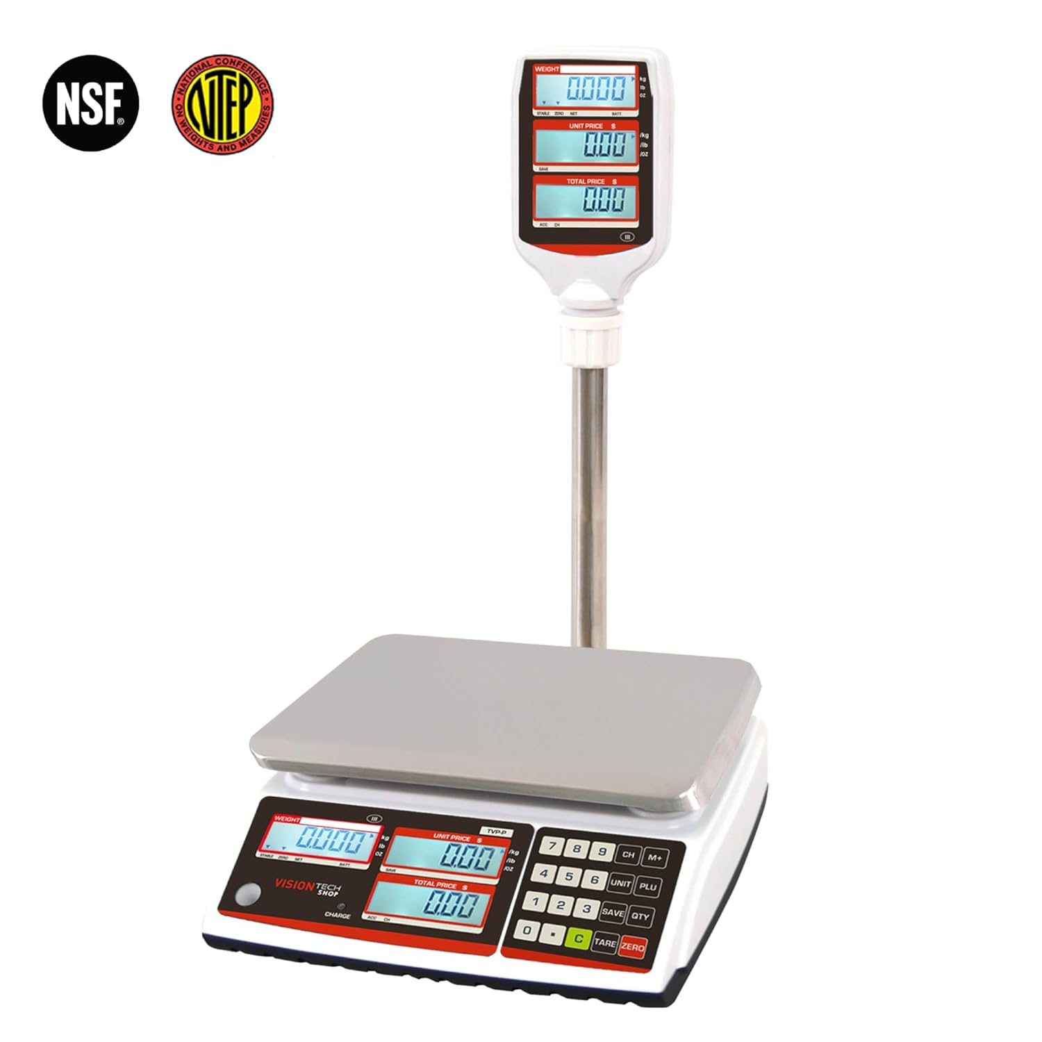 VisionTechShop TVP-30P Price Computing Scale with Pole Display, Lb/Oz/Kg, 30lb Capacity, 0.005lb Readability, NTEP Legal for Trade COC #19-038, NSF Certified