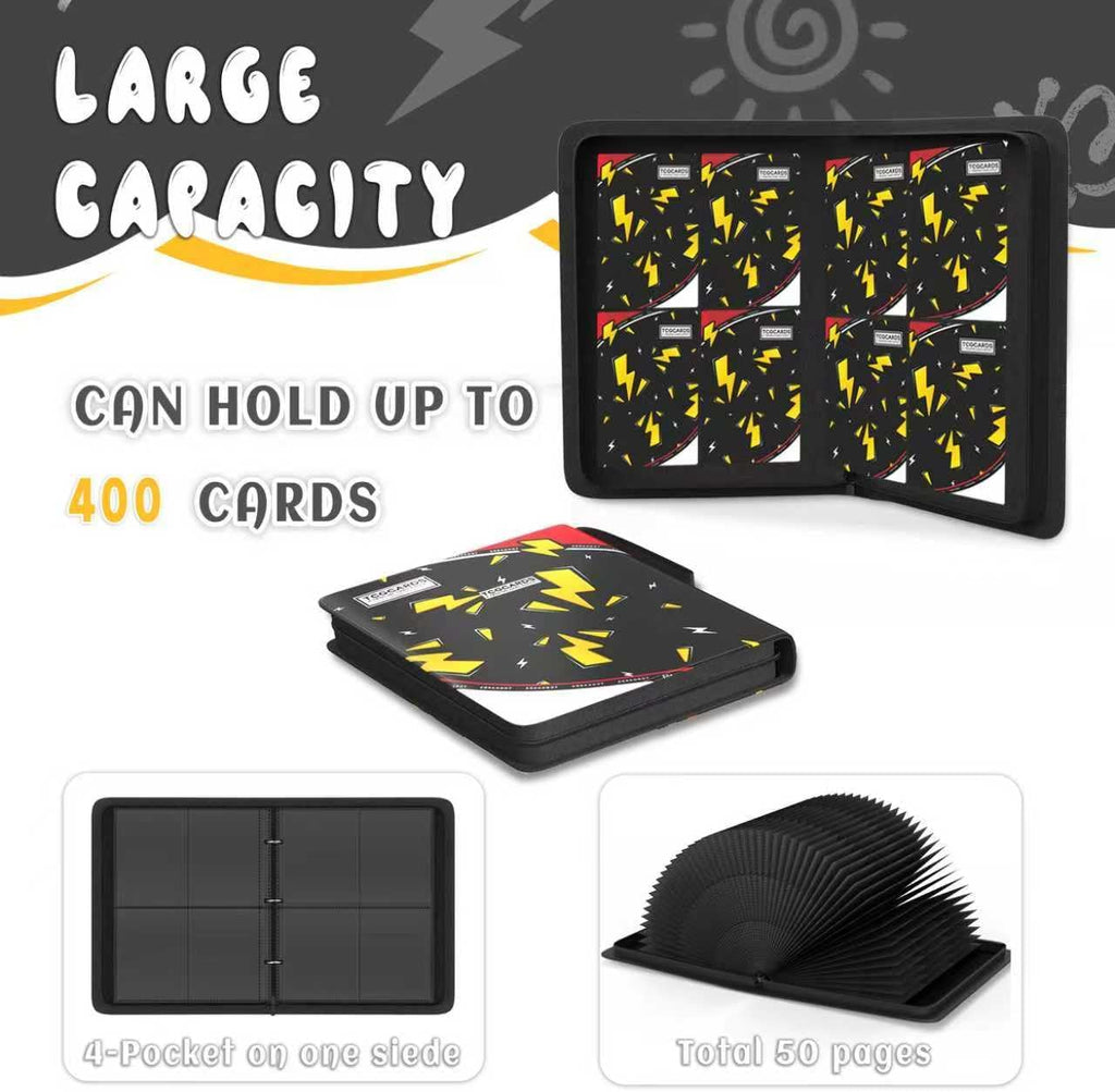 Trading Card Binder 4 Pocket，Card Binder 400 Pockets Card Book Holder Cards with 50 Removable Sleeves，3-Ring Zip Design MTG/TCG/Sport Collectible Trading Card Albums Gifts for Boys and Girls (Black)