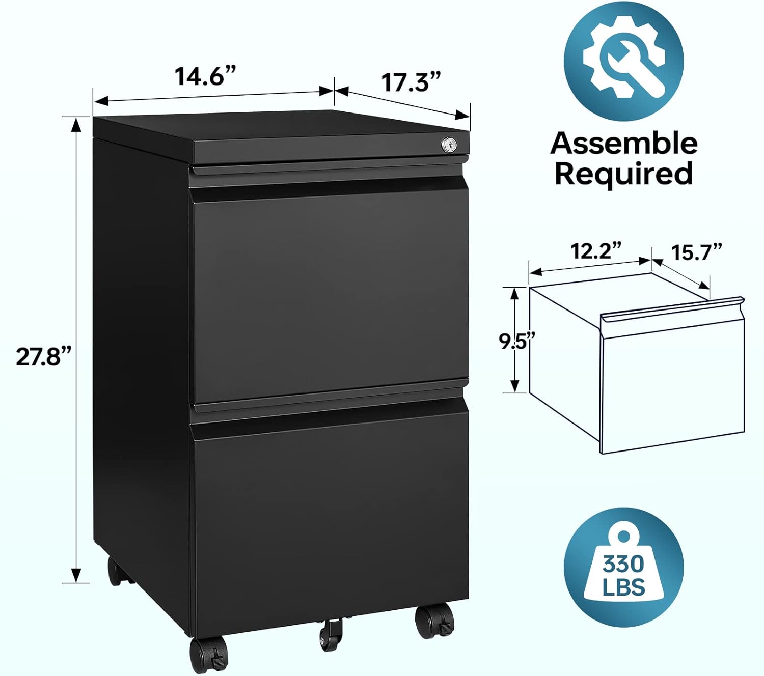 MIIIKO 2 Drawer File Cabinet on Wheels, Home Office Mobile Under Desk with Lock, Vertical Files Drawers for Legal/Letter/A4,Fully Assembled