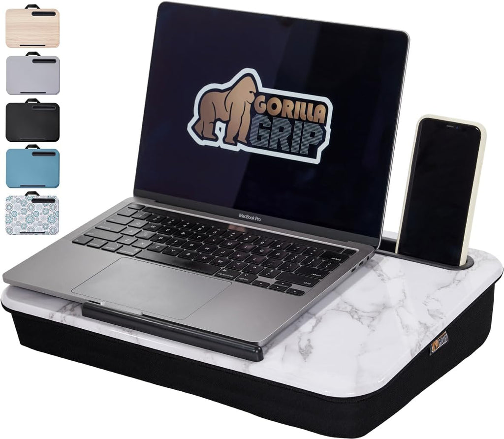 GORILLA GRIP Laptop Lap Desk with Phone Holder, Pillow Cushion Desks Fit Laptops up to 15.6", Tray Ledge Keep Computers in Place, Portable Travel Workstation Essentials for Home, Dorm, Marble Pattern
