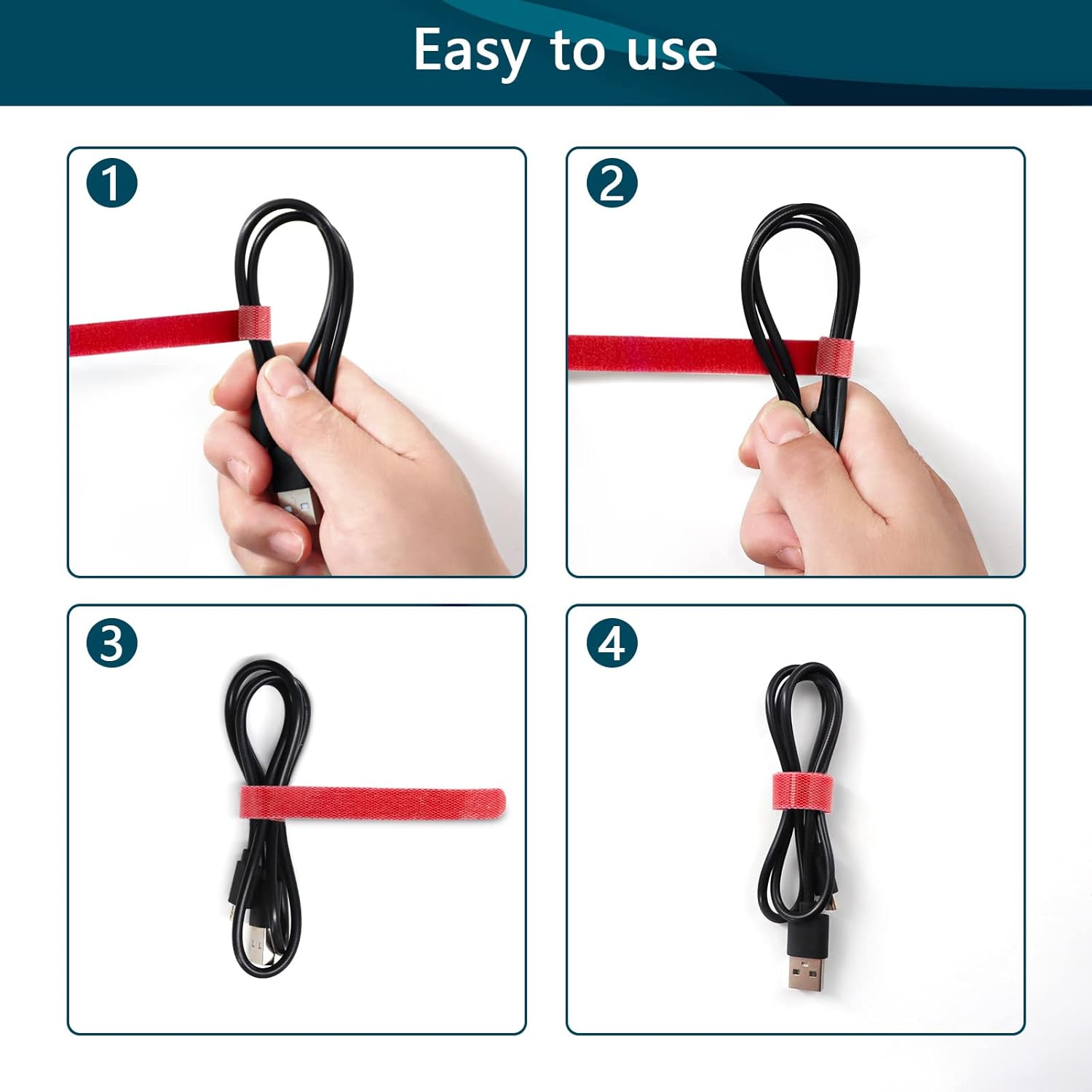 50PCS Reusable Adjustable Cable Ties, Microfiber Cloth for Computer Cable Management (Red)