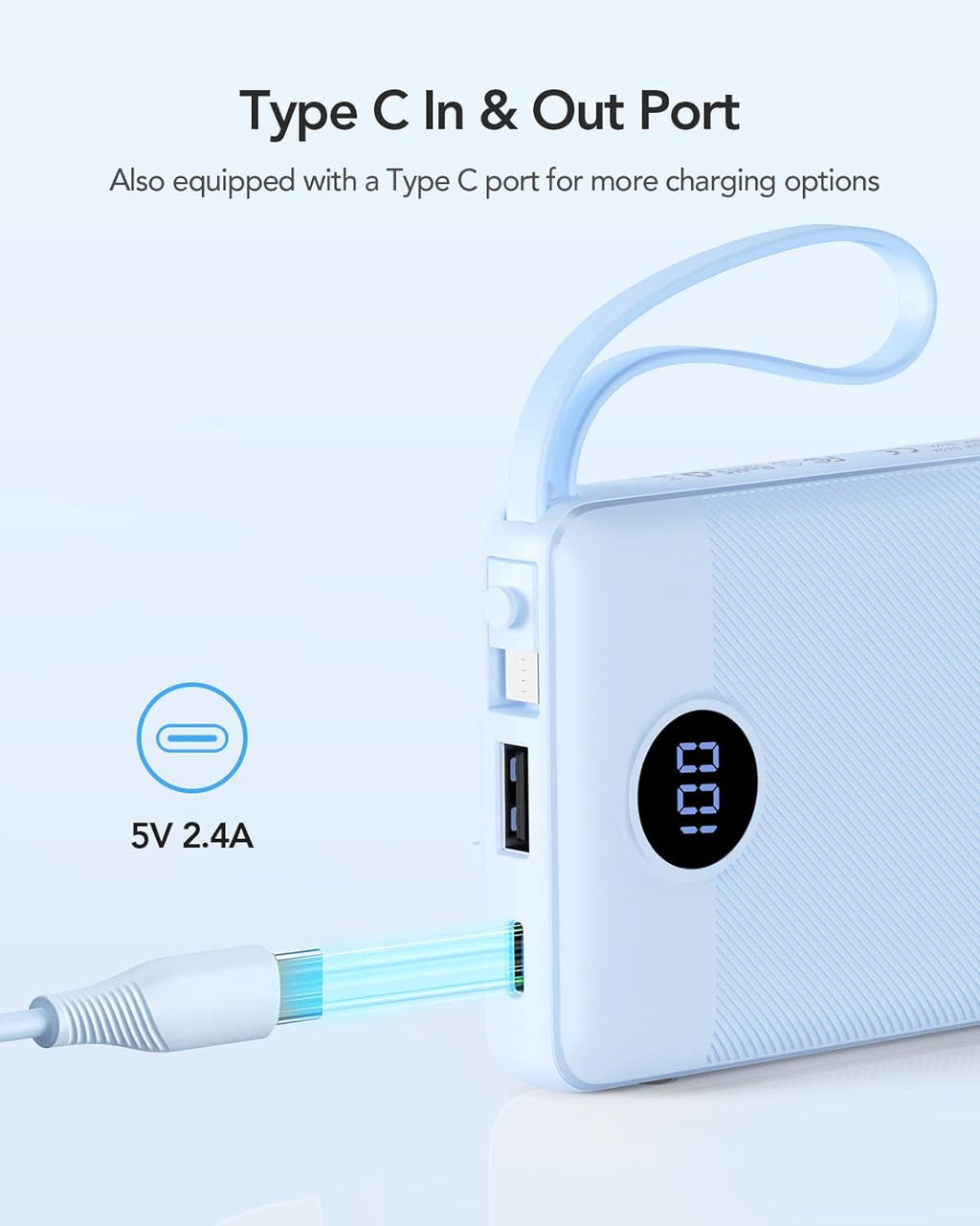 VRURC 10000mAh Power Bank Built-in Cables, Portable Charger with LED Display, Slim Travel Battery Pack with Cords, 5 Output Dual Input Phone Charger for Cell Phone Smart Devcies-Blue(1 Pack)