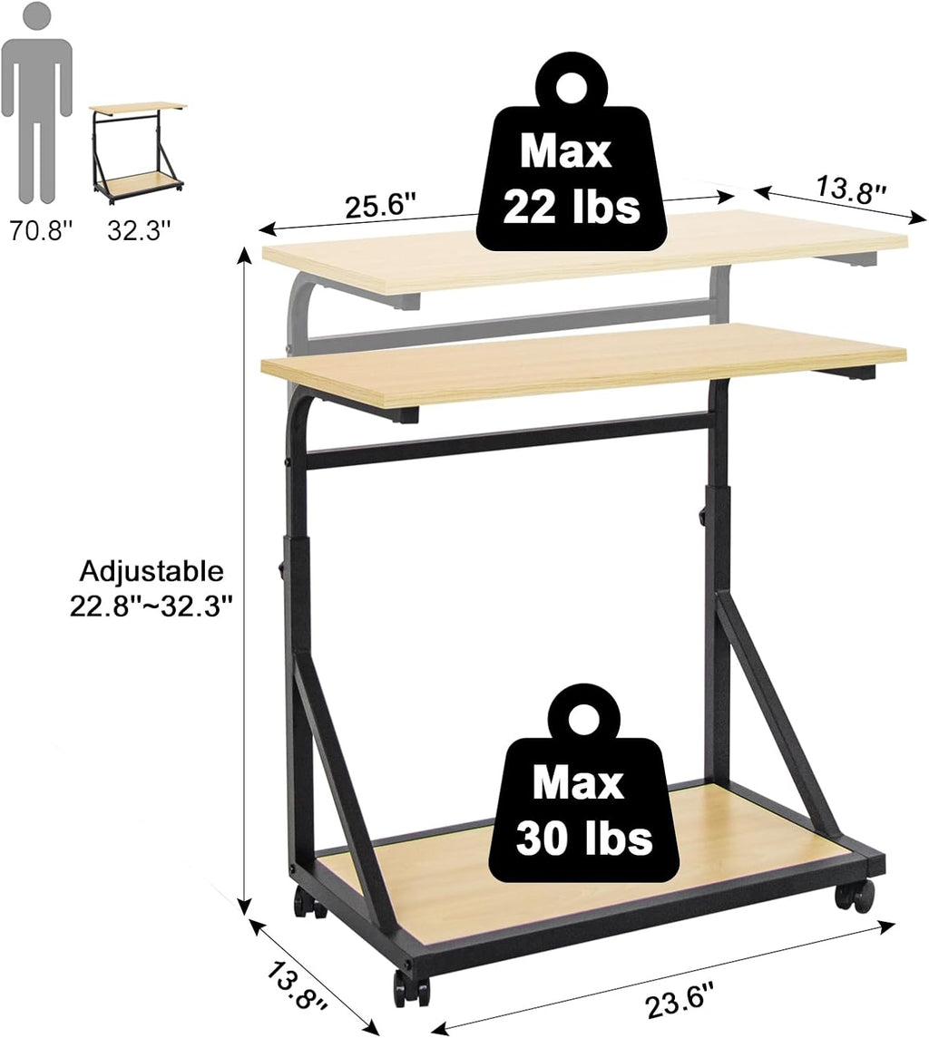 Computer Tower Stand, 2-Tier CPU Stand with Lockable Wheels, Adjustable Height PC Stand for Floor, Mobile PC Laptop Standing Table for Home Office (White Maple)