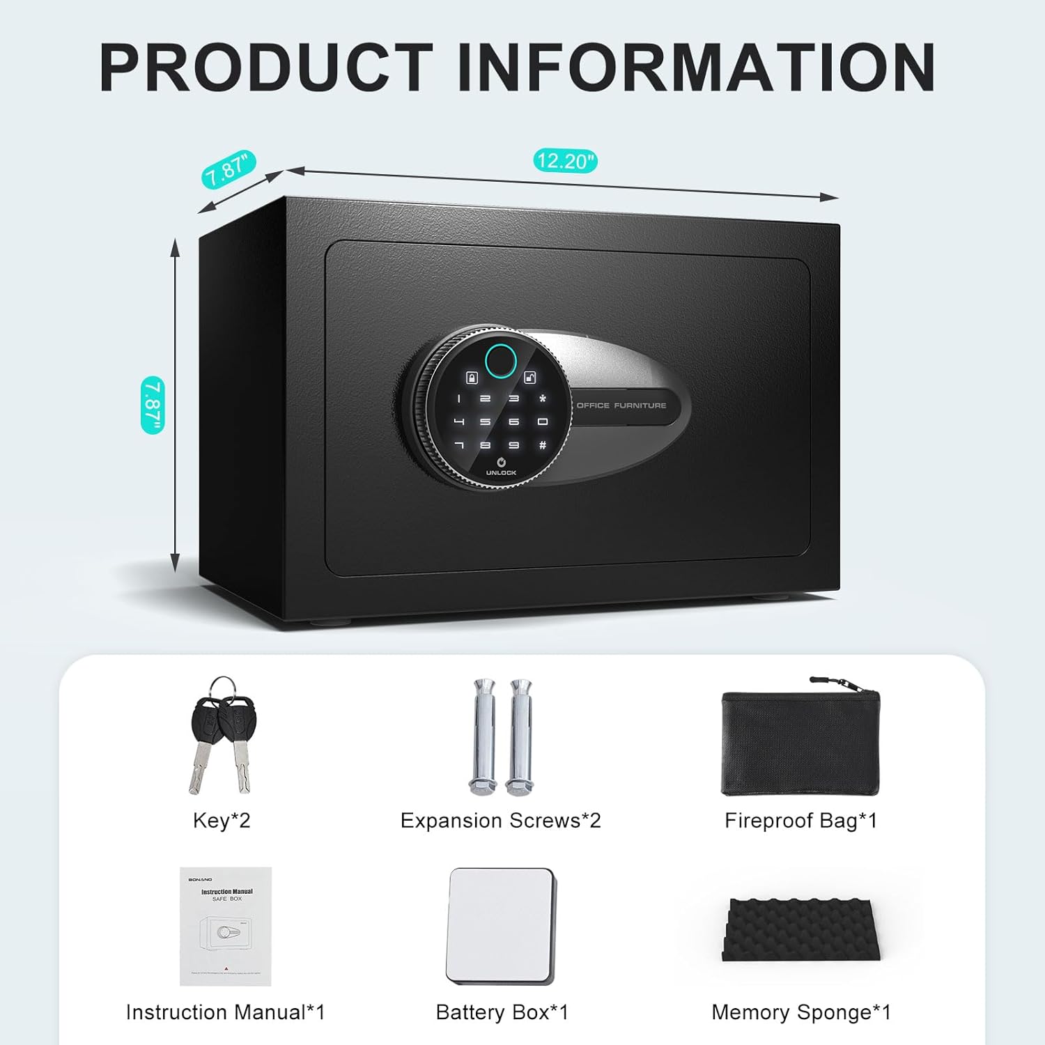 BONANO 0.5 Cub Small Safe Box, Biometric Safe with Backlit Touch Screen Keyapd and Dual Alarm System, Small safes for Home Use Fire and Water Proof Money Valuables Jewelry and Documents