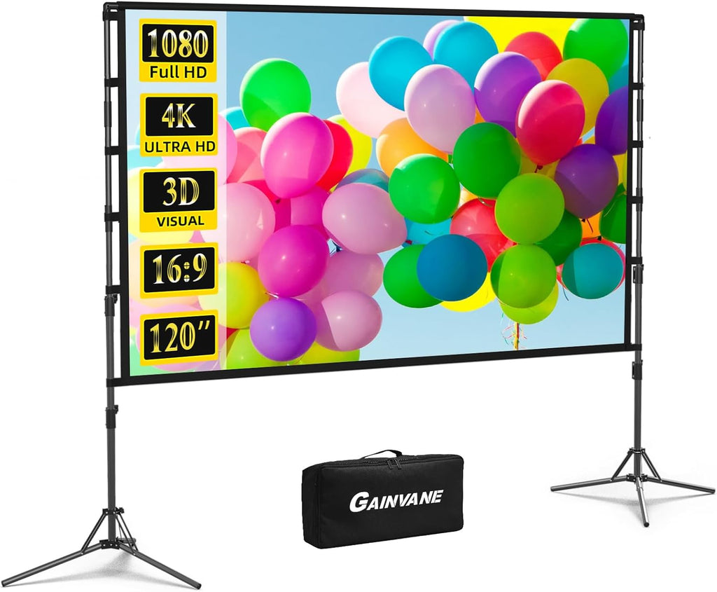 Projector Screen and Stand,GAINVANE 120 inch Portable Projector Screen Indoor Outdoor Projection Screen 16:9 4K HD Wrinkle-Free Light-Weight Movie Screen with Carry Bag for Backyard Movie Night