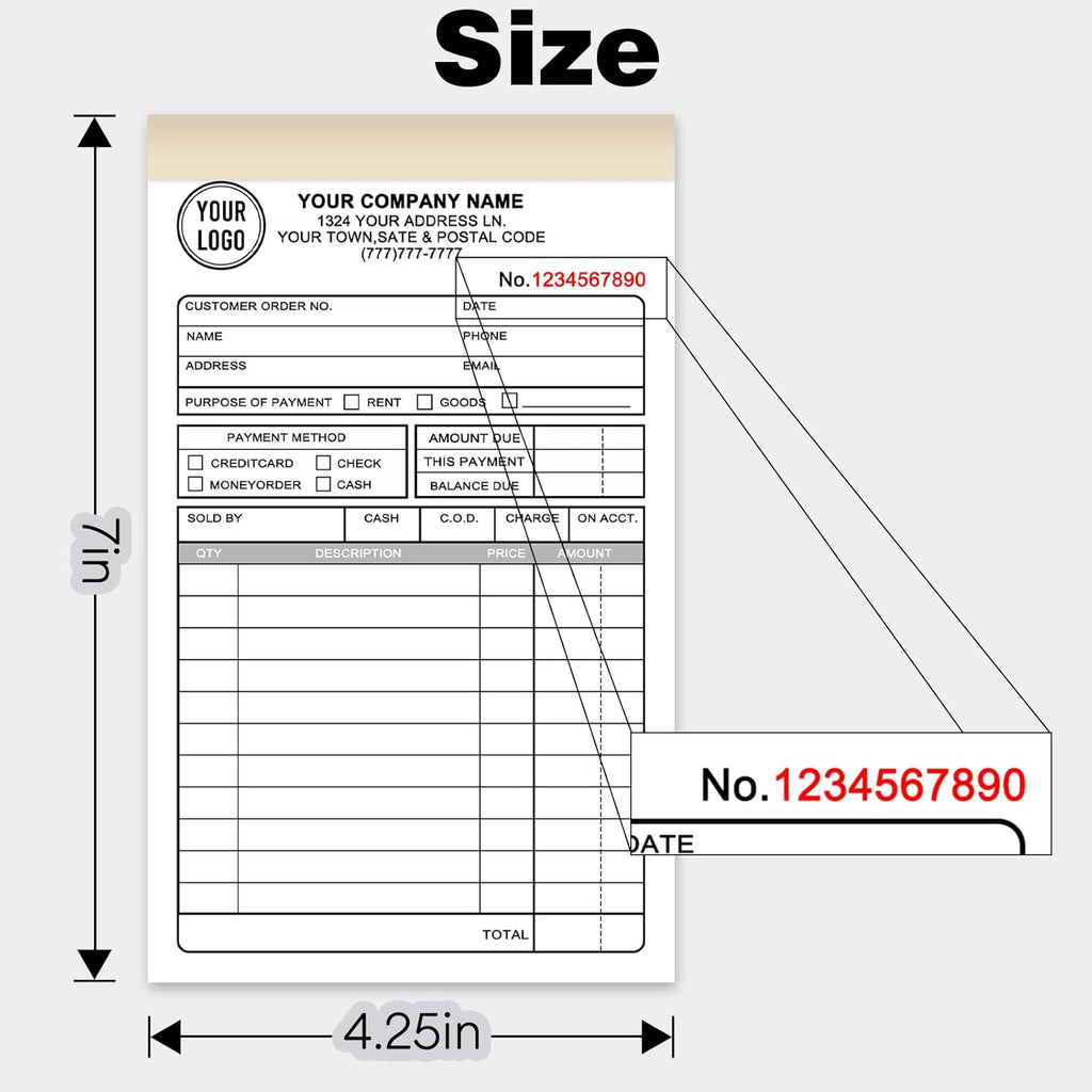 Custom Invoice Receipt Book for Small Business 4.25x7" Personalized 2-Part Contractor Duplicate Carbonless Sales Forms with Company Name Address Phone Number 100 Sets