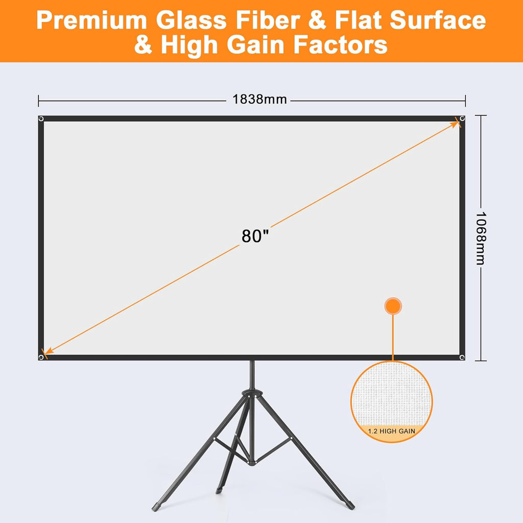 Projector Screen with Stand, 80 Inch Portable Projector Screen Outdoor Indoor, 1.2 Gain Fiberglass Projection Screen, 16:9 Outdoor Movie PVC Screen with Carrying Bag for Movie Night (White Screen)