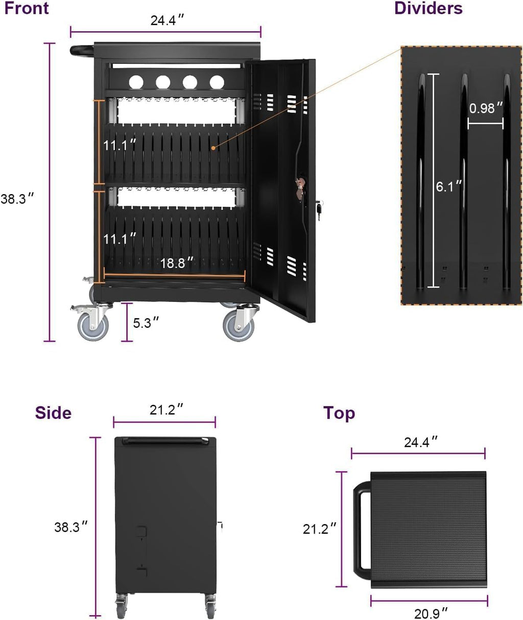 Laptop Charging Cart, 32 Device Tablet Storage Carts for iPad Up to 16.3" Screen Size, Mobile Charging Station for Classroom, with Cord Organizer, Front and Back Access Locking Cabinet Black