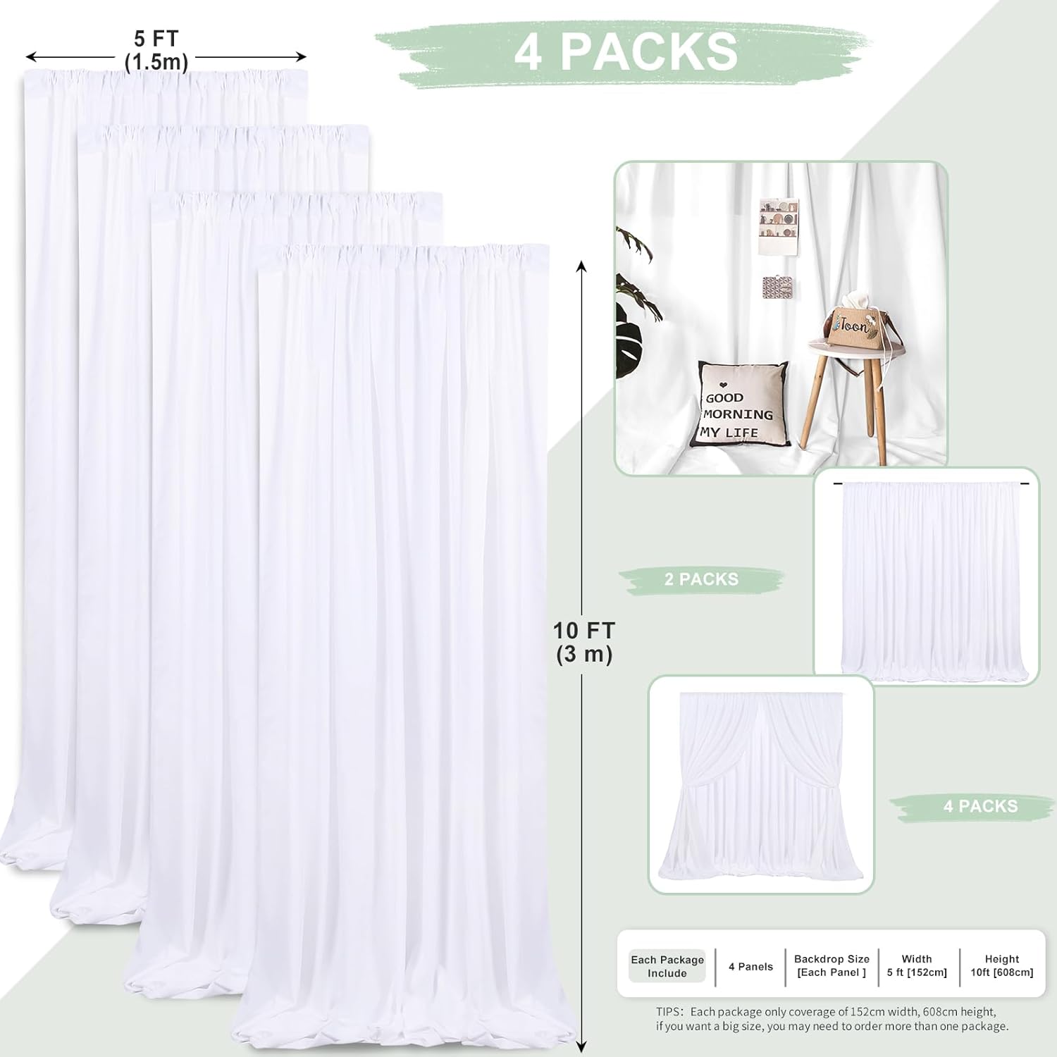 White Backdrop Curtains 4 Panels 5ft x 10ft Photo Polyester Backdrop Drapes for Wedding Party Background Decorations