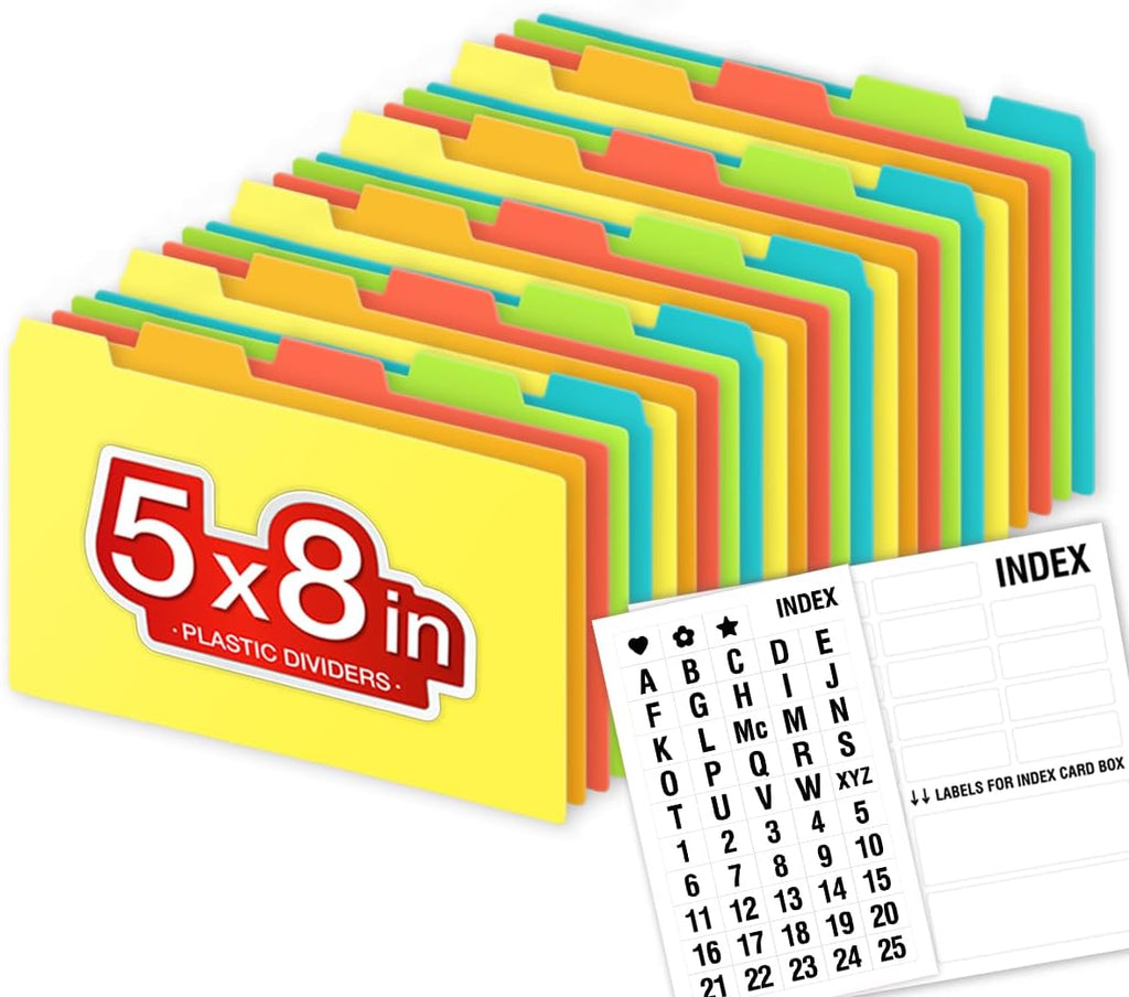 Chell 5x8 Plastic Index Card Dividers, Heavyweight Poly Index Card Guides A-Z for Flash Cards and Recipe Cards, with Alphabetical/Blank Stickers, Pack of 25