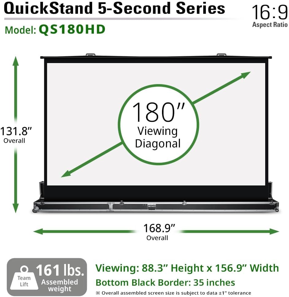 Elite Screens QuickStand 5-Second Series, 180-INCH 16:9, Manual Pull Up Projector Screen, Movie Home Theater 8K / 4K Ultra HD 3D Ready, QS180HD