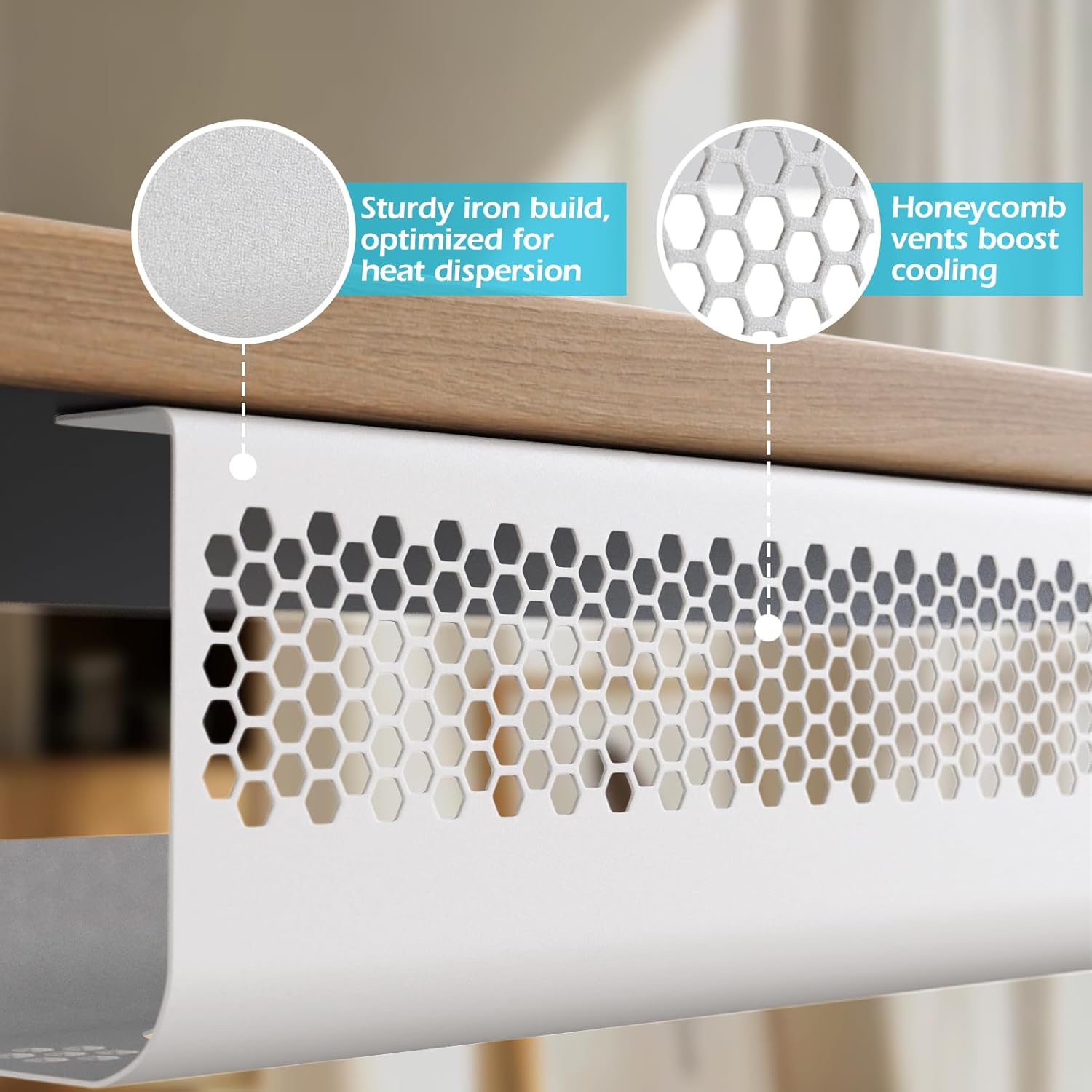 KHAMAL Cable Management Under Desk 26PCS - Cable Management Tray Kit Ventilated Hexagonal Design with Cable Clips, Wire Ties, Cord Holder & Screws for Office, Home - 2 White Sets