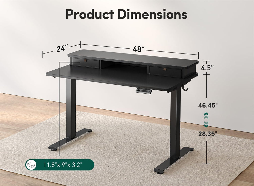 FEZIBO 48 x 24 Inch Height Adjustable Electric Standing Desk with Double Drawer, Computer Desk, Home Office Stand Up Table with 4 Height-Adjustable Feets & 2 Hooks, Black