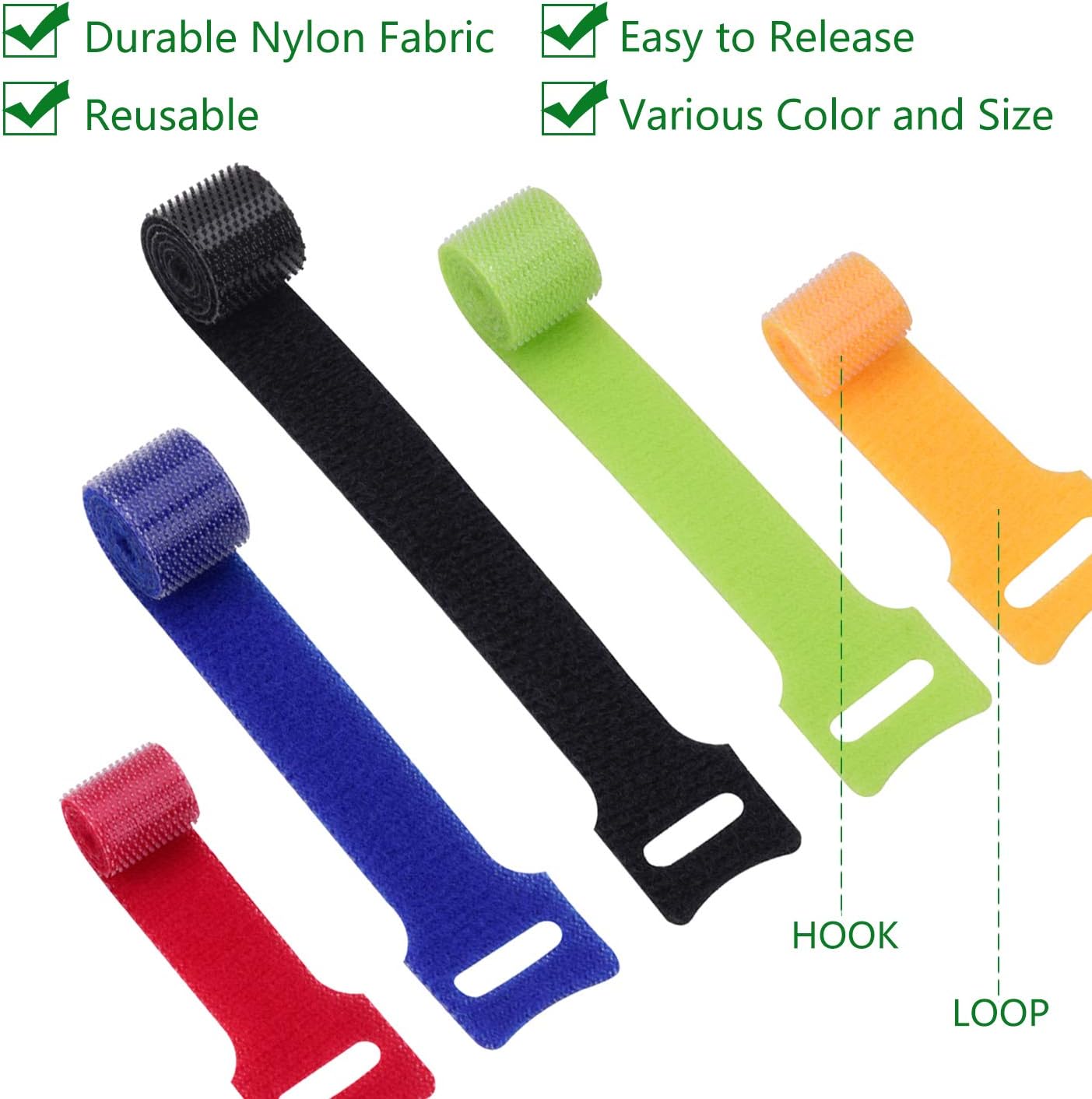 OneLeaf 60 Pcs Reusable Fastening Cable Ties with Hook and Loop, Multi-Purpose Cable Straps Wire Ties Cable Management, Adjustable Cord organizer Ties for Computer/TV/Electronics, 3 Sizes and 5 Colors
