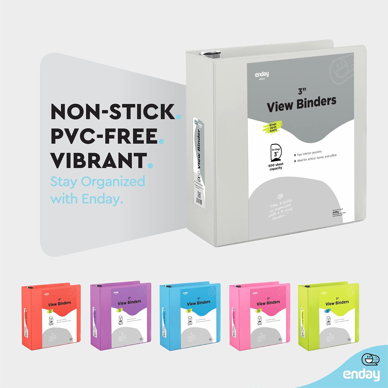3 Slant D-Ring Binder 3 Inch Grey, 3 in Clear View Cover with 2 Inside Pockets Binder, Heavy Duty Colored School Supplies Binders,Also Available in Green, Red, Purple, Blue, Pink (6 PC) – by Enday