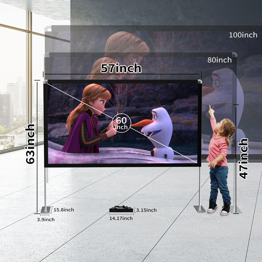 Portable 60" 16:9 4K HD Outdoor/Indoor Projector Screen with Stand, Carry Bag, Foldable, Wrinkle-Free Movie Screen for Home Theater, Travel, Camping, Party, Office