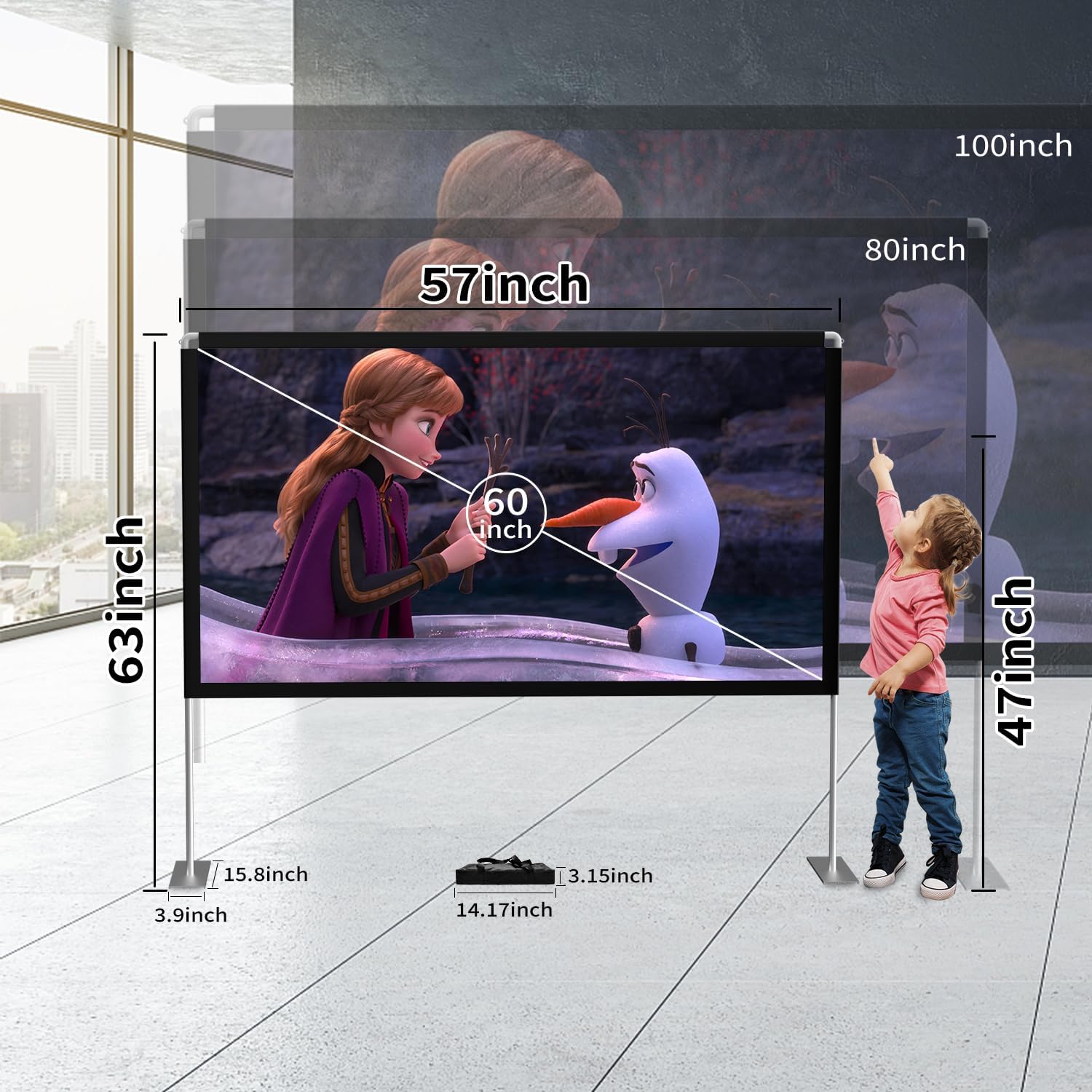 Portable 60" 16:9 4K HD Outdoor/Indoor Projector Screen with Stand, Carry Bag, Foldable, Wrinkle-Free Movie Screen for Home Theater, Travel, Camping, Party, Office