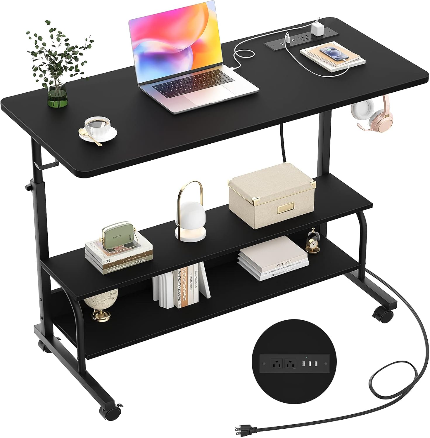 Armocity Height Adjustable Standing Desk with Power Outlets, 39" Manual Stand Up Desk with Storage Shelves Small Mobile Rolling Computer Desk Portable Laptop Table with Wheels for Home Office, Black