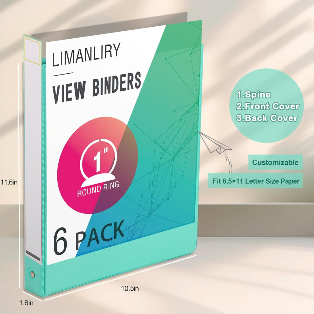 3 Ring Binders,1 Inch Round Rings, with Clear View Covers, Assorted Colors,6 Pack