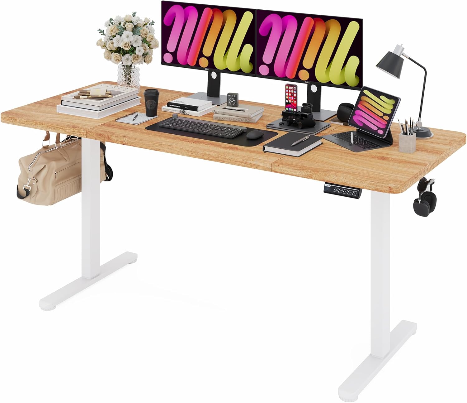 Monomi Electric Standing Desk, 63 x 28 inches Height Adjustable Ergonomic Home Office Sit Stand Up Desk with Memory Preset Controller (Natural Top/White Frame)